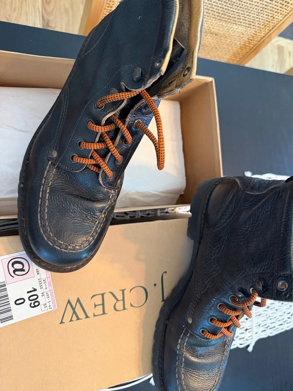 J. Crew Black Leather Men’s Lace-Up Boots with Orange Laces